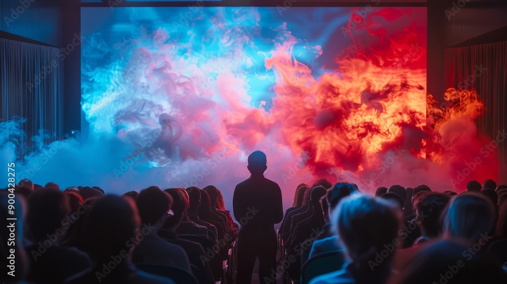 An audience watches a display of blue and red smoke on a large screen An audience watches a display of blue and red smoke on a large screen