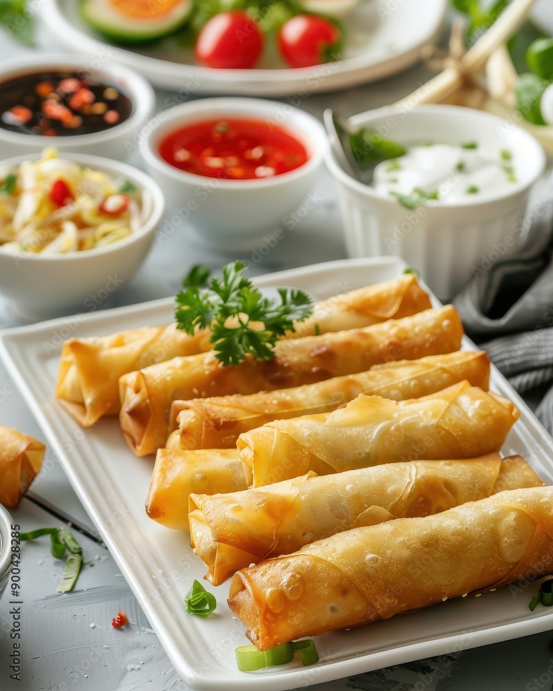 Delicious spring rolls served with various dipping sauces on a bright plate, perfect for appetizers or snacks. Delicious spring rolls served with various dipping sauces on a bright plate, perfect for appetizers or snacks.