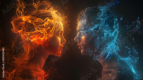 The fiery warmth and icy coldness engulfing a man and woman visually represent the contrasting emotions of love and indifference.