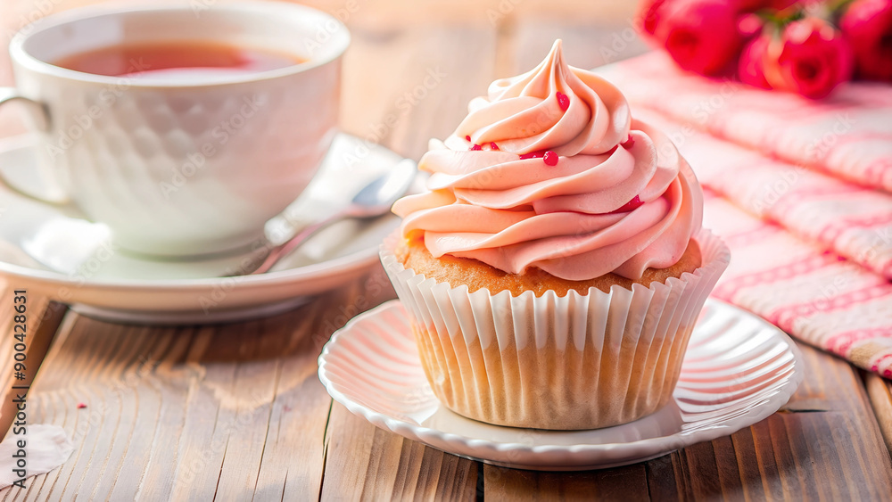 Cupcake with Pink Frosting and Tea on Light Wooden Table Cupcake with Pink Frosting and Tea on Light Wooden Table