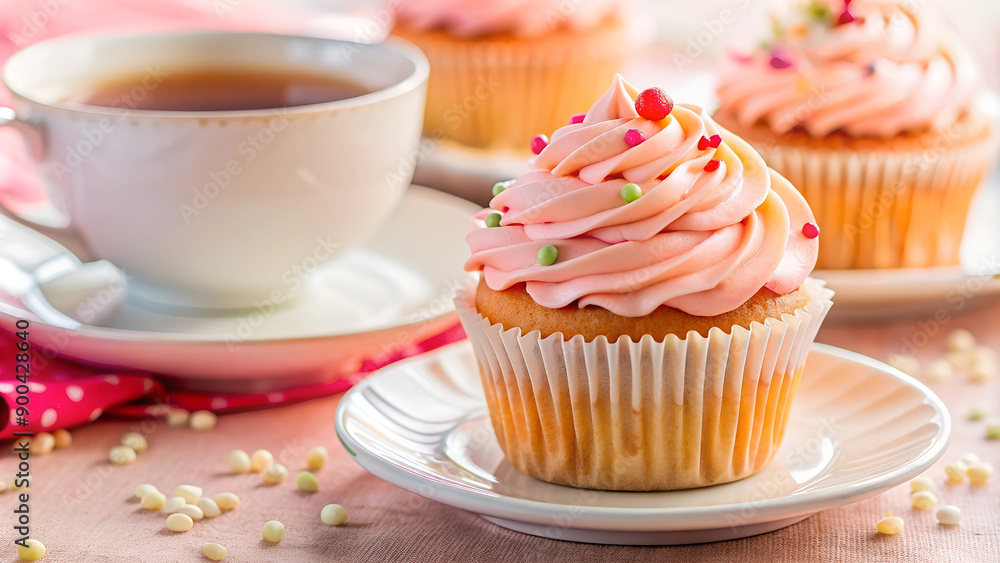 Cupcake with Pink Frosting and Tea on Light Wooden Table Cupcake with Pink Frosting and Tea on Light Wooden Table