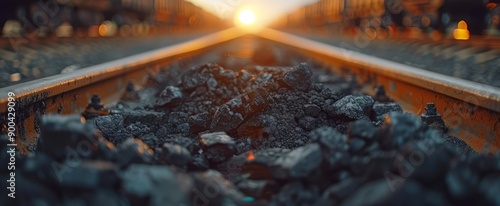 Wallpaper Mural A close-up view of gravel between two railroad tracks with a blurry sunset in the background Torontodigital.ca