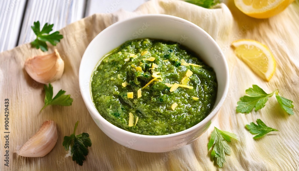 Green sauce made of chopped parsley, lemon zest and garlic in a white bowl, close-up, generative AI Green sauce made of chopped parsley, lemon zest and garlic in a white bowl, close-up, generative AI