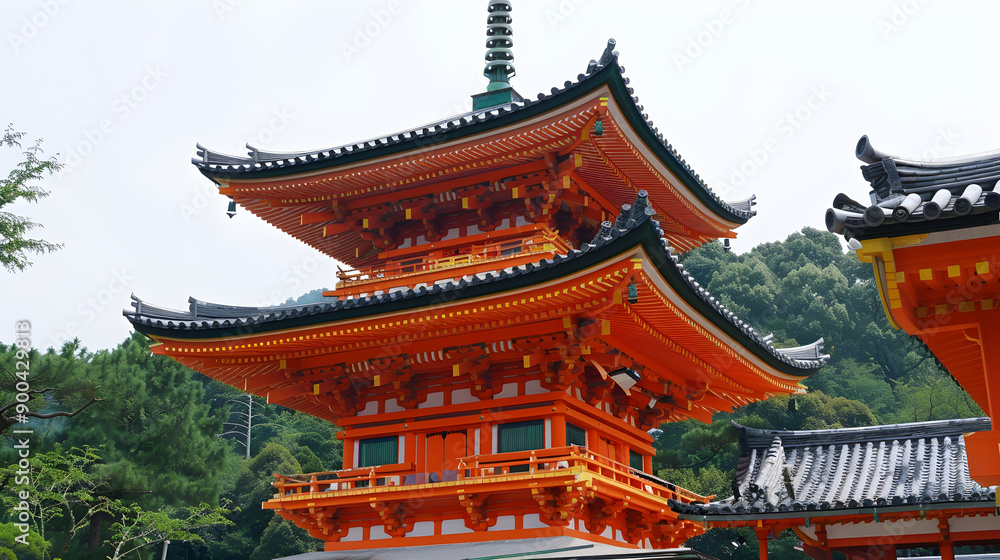 Naklejka premium Elegant, traditional Japan pagoda surrounded by serene nature, captured in raw style photography.