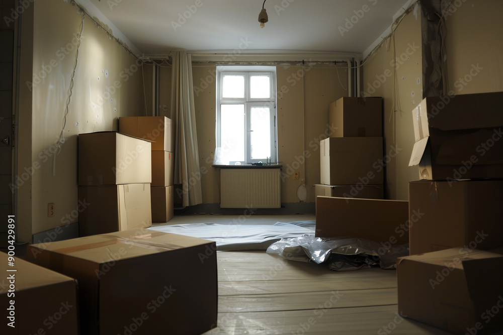 Empty room with moving boxes stacked neatly near window during daylight Empty room with moving boxes stacked neatly near window during daylight