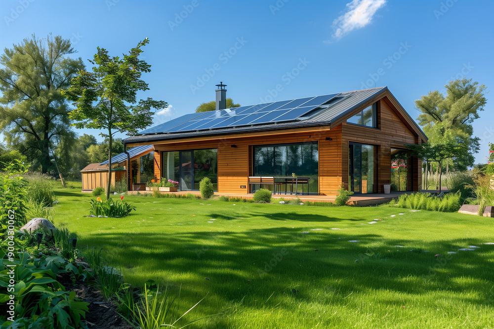 Modern eco-friendly house with solar panels surrounded by lush green landscape on a sunny day Modern eco-friendly house with solar panels surrounded by lush green landscape on a sunny day