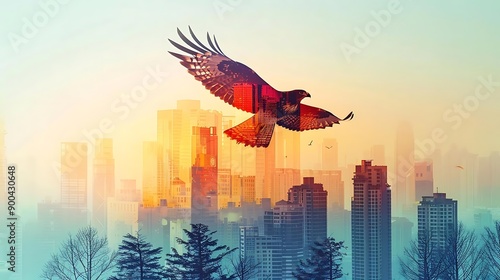 A majestic eagle soars over a vibrant city skyline at sunset, symbolizing freedom and urban beauty in harmony. photo