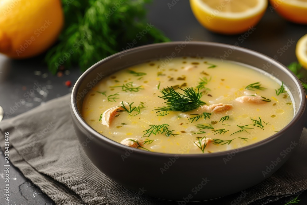 A bowl of avgolemono soup, a traditional lemon chicken soup with rice, garnished with fresh dill. A bowl of avgolemono soup, a traditional lemon chicken soup with rice, garnished with fresh dill.