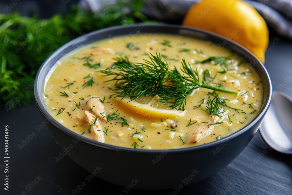 A bowl of avgolemono soup, a traditional lemon chicken soup with rice, garnished with fresh dill. A bowl of avgolemono soup, a traditional lemon chicken soup with rice, garnished with fresh dill.