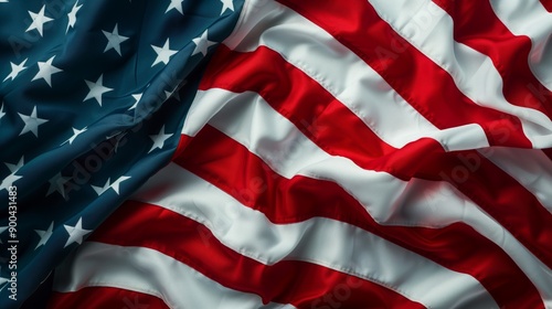 Detailed close-up of American flag with stripes, stars, and fabric