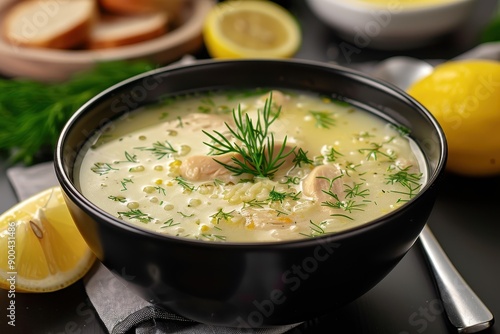 A bowl of avgolemono soup, a traditional lemon chicken soup with rice, garnished with fresh dill.