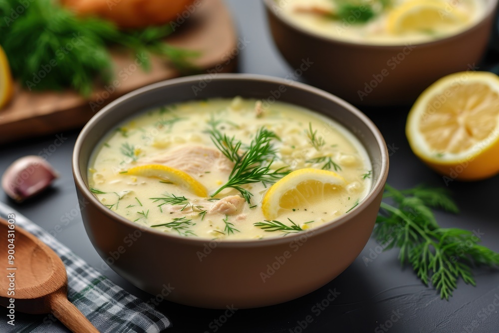 A bowl of avgolemono soup, a traditional lemon chicken soup with rice, garnished with fresh dill. A bowl of avgolemono soup, a traditional lemon chicken soup with rice, garnished with fresh dill.