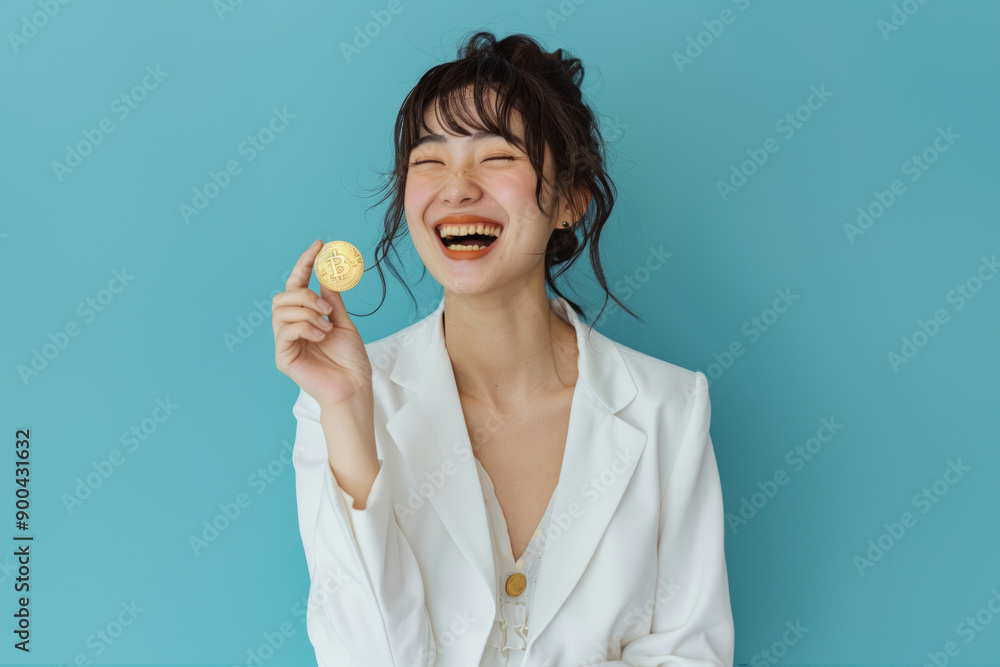 an Asian business girl in a luxurious suit, delightedly presenting her gold Bitcoin in front of a blue turquoise background, beautifully lit by a studio setup. an Asian business girl in a luxurious suit, delightedly presenting her gold Bitcoin in front of a blue turquoise background, beautifully lit by a studio setup.