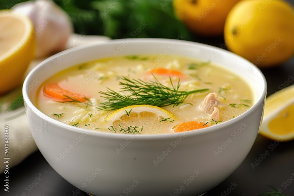 A bowl of avgolemono soup, a traditional lemon chicken soup with rice, garnished with fresh dill. A bowl of avgolemono soup, a traditional lemon chicken soup with rice, garnished with fresh dill.