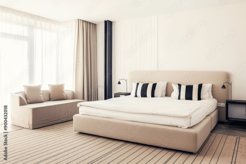 Fototapeta premium Luxurious hotel room interiors in warm tones with chic decor and natural lighting.