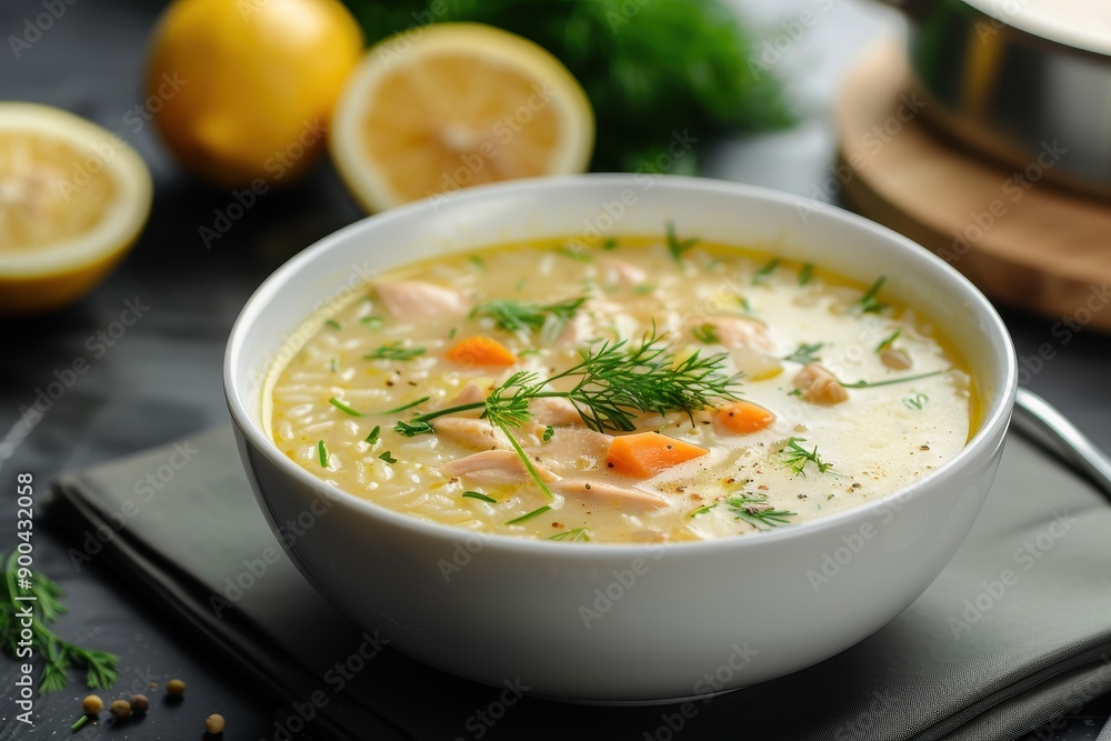 A bowl of avgolemono soup, a traditional lemon chicken soup with rice, garnished with fresh dill. A bowl of avgolemono soup, a traditional lemon chicken soup with rice, garnished with fresh dill.