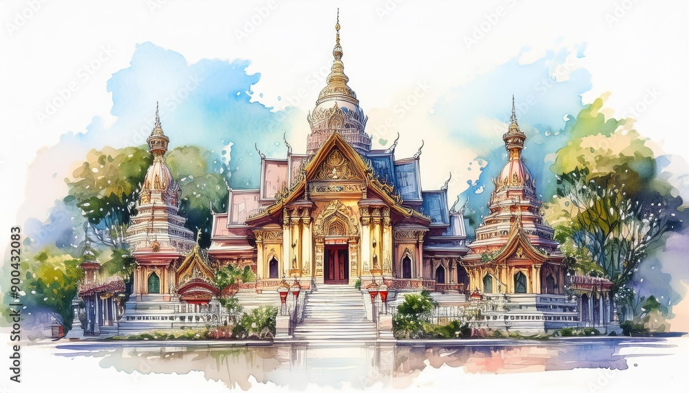 Naklejka premium Watercolor painting of an ornate temple with lush surroundings, showcasing traditional architecture and vibrant detail.