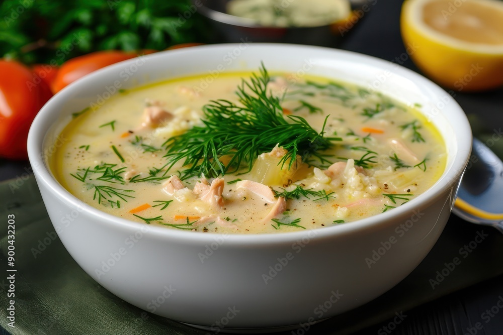 A bowl of avgolemono soup, a traditional lemon chicken soup with rice, garnished with fresh dill. A bowl of avgolemono soup, a traditional lemon chicken soup with rice, garnished with fresh dill.