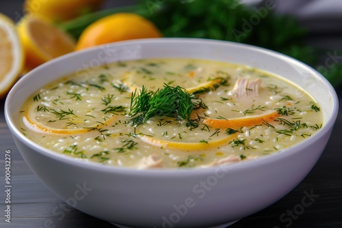 A bowl of avgolemono soup, a traditional lemon chicken soup with rice, garnished with fresh dill.