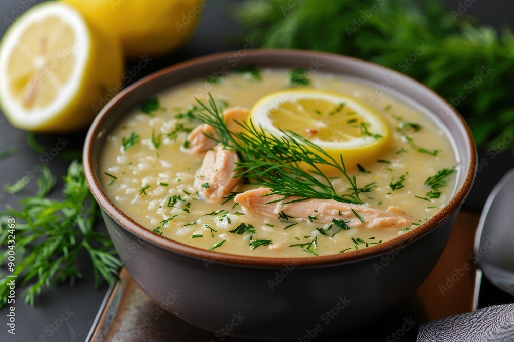 A bowl of avgolemono soup, a traditional lemon chicken soup with rice, garnished with fresh dill. A bowl of avgolemono soup, a traditional lemon chicken soup with rice, garnished with fresh dill.