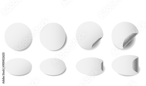 Set of paper round stickers with peeling corner and shadow, isolated rounded plastic mockup, realistic set round paper adhesive sticker mockup with curved corner