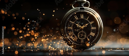 A pocket watch with Roman numeric numbers is exploding in the air against a dark background