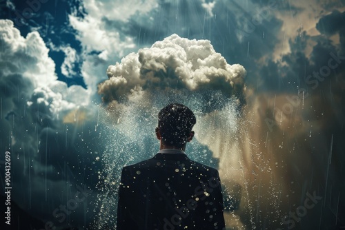 Businessman, standing under rain, pessimistic man under cloud, sad business man, unlucky, misfortune