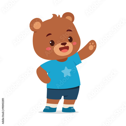 cute little bear waving hand and feeling happy