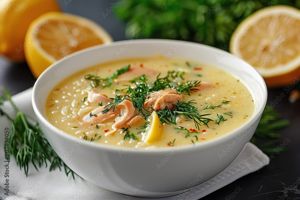 A bowl of avgolemono soup, a traditional lemon chicken soup with rice, garnished with fresh dill. A bowl of avgolemono soup, a traditional lemon chicken soup with rice, garnished with fresh dill.