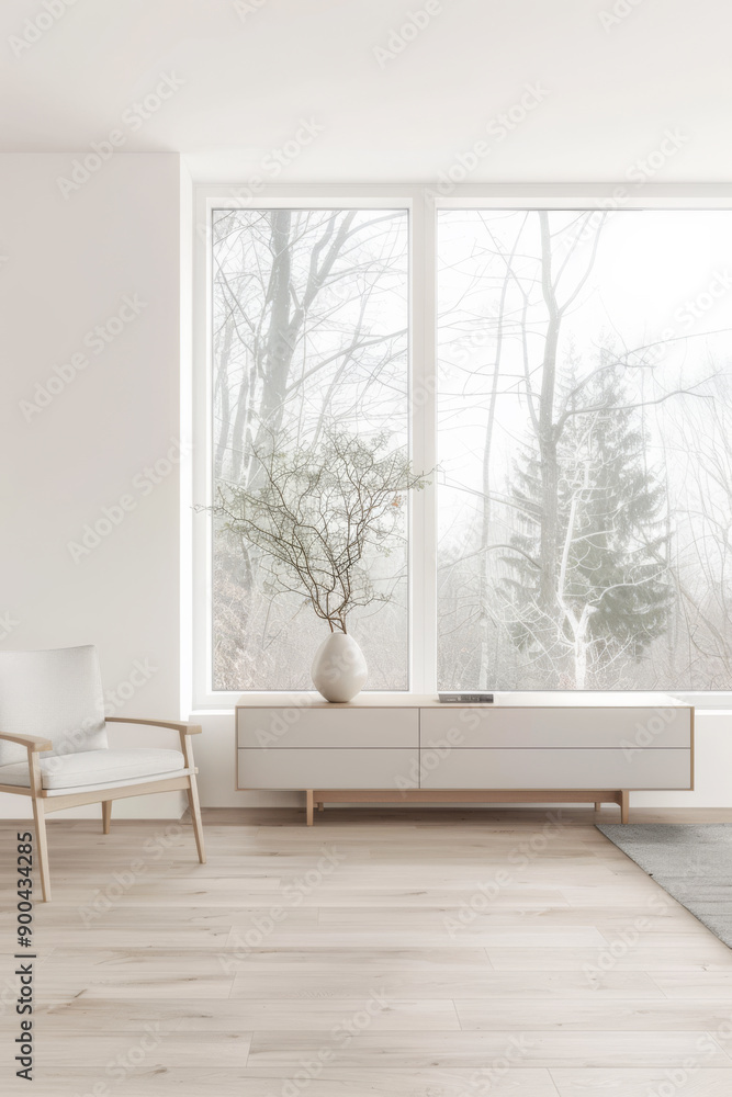 Fototapeta premium Elegant sideboard next to a large window in an interiors design composition. Home decor conceptual image with copyspace.