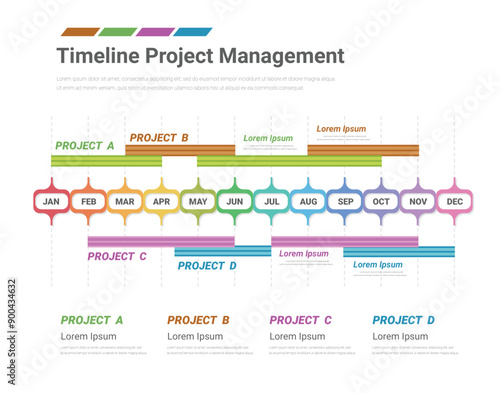 Project time plan business template with 4 project tasks in year or 12 months. Easy to use for your website or presentation.