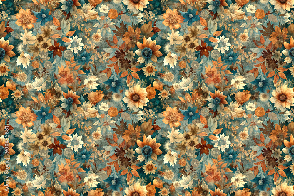Seamless pattern of autumn white and orange flowers on a pale blue background Seamless pattern of autumn white and orange flowers on a pale blue background