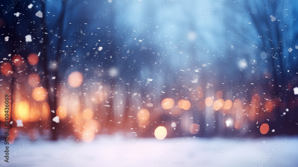 Beautiful blurred street of festive night or evening city with snowfall and Christmas lights. Abstract christmas defocused background. Beautiful blurred street of festive night or evening city with snowfall and Christmas lights. Abstract christmas defocused background.
