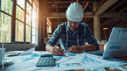 Professional Engaged in Safe Engineering Work While Wearing White Helmet at Desk with Documents and Drawings photo