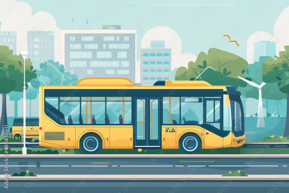 Illustration of Modern Yellow Electric Bus in a Green Urban Environment with Trees and Buildings Illustration of Modern Yellow Electric Bus in a Green Urban Environment with Trees and Buildings