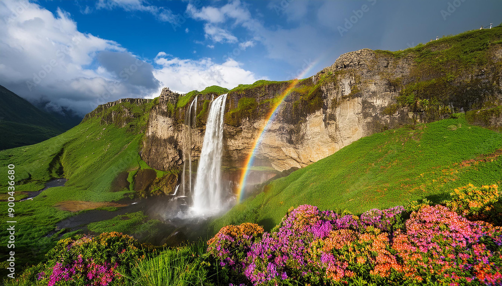 Obraz premium Green plants with flowers in a mountain and a waterfall with rainbow