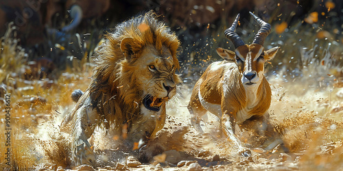 Lion chasing prey, antelope running away. Africa.