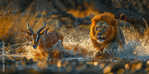 Lion chasing prey, antelope running away. Africa.