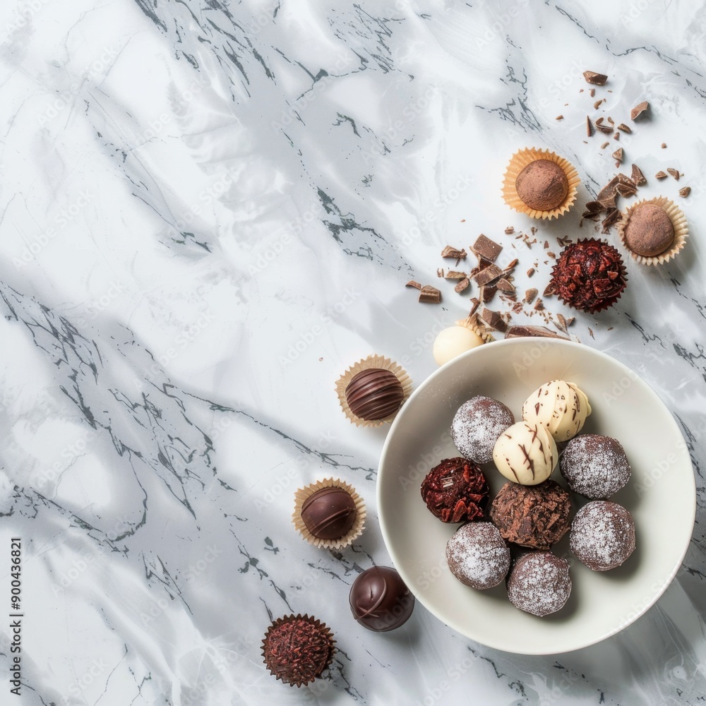 Chocolate truffles, sweets on marble background, scattered chocolates on natural white stone top view Chocolate truffles, sweets on marble background, scattered chocolates on natural white stone top view