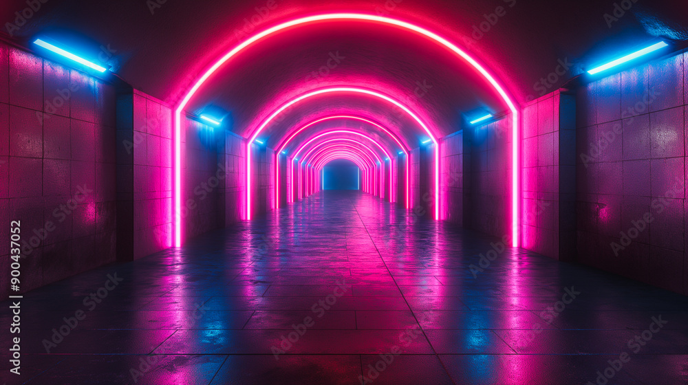 Glowing neon lines forming a long path in a dark setting, suitable for high-tech and party designs. Glowing neon lines forming a long path in a dark setting, suitable for high-tech and party designs.