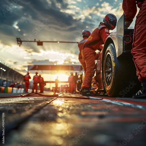 Professional pit crew not ready for action as their team's race car arrives in the pit lane during a pitstop of a car race