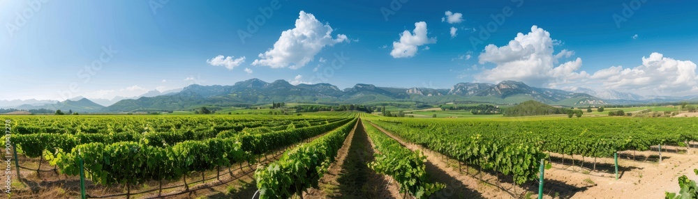 Breathtaking panoramic view of lush vineyard rows against majestic mountains under a clear blue sky. Breathtaking panoramic view of lush vineyard rows against majestic mountains under a clear blue sky.