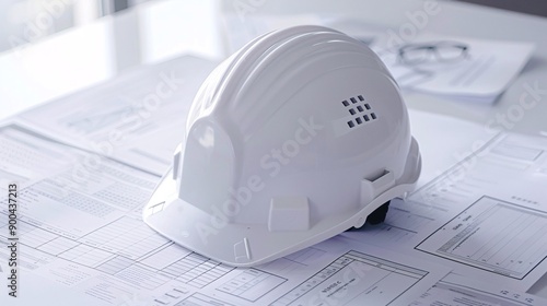 White Safety Helmet with Drawing Placed on Engineer's Workplace Desk photo