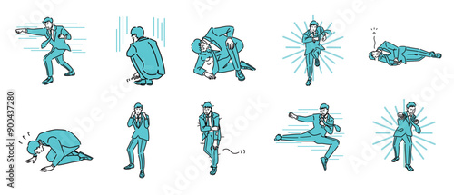 戦っているスーツ姿の男性のイラストのセット
