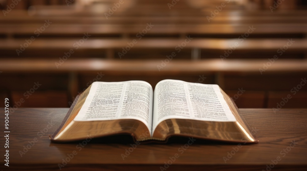 Fototapeta premium Open Bible on Wooden Pew in Quiet Church Interior During Sunday Service