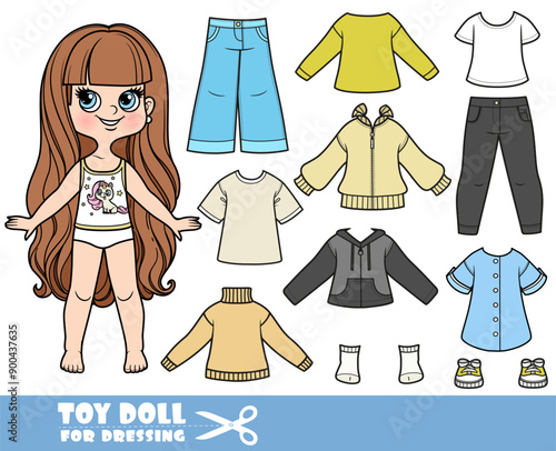 Cartoon long haired brunette girl and clothes separately - shirts, jeans and sandals basic wardrobe for autumn