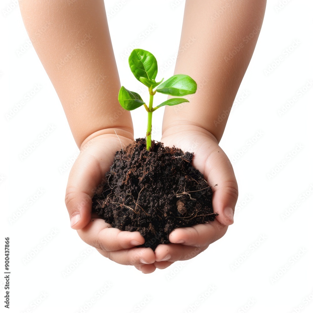 Plant in hands isolated, young sprout, new plant growing in soil, organic farming, environment care, earth day Plant in hands isolated, young sprout, new plant growing in soil, organic farming, environment care, earth day