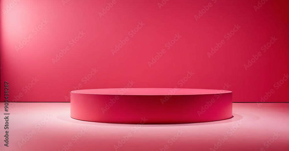 A vibrant pink circular podium bathed in soft spotlight against a pink corner backdrop. Ideal for showcasing beauty, fashion, or Valentine's Day products A vibrant pink circular podium bathed in soft spotlight against a pink corner backdrop. Ideal for showcasing beauty, fashion, or Valentine's Day products
