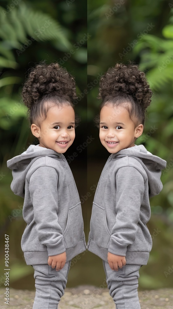 Young Child Smiling in Gray Hoodie Surrounded by Greenery Outdoors Young Child Smiling in Gray Hoodie Surrounded by Greenery Outdoors