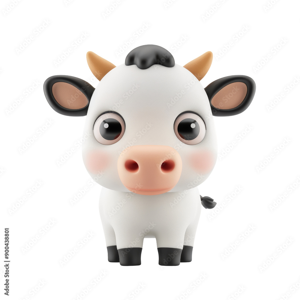 Cute illustration of a cartoon cow with big eyes, black and white patches, and small horns, ideal for children's designs. Cute illustration of a cartoon cow with big eyes, black and white patches, and small horns, ideal for children's designs.